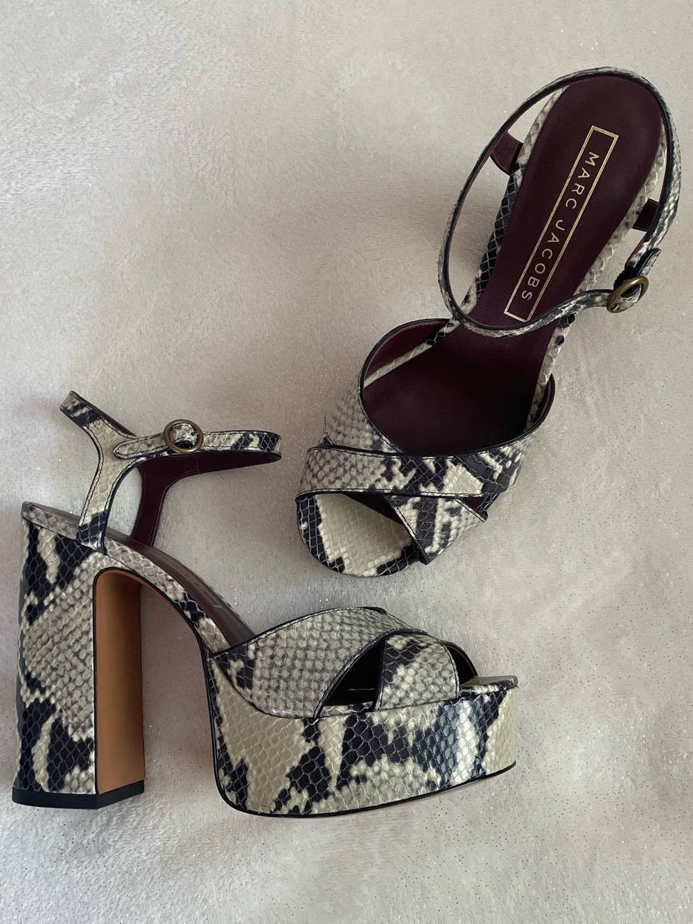 Marc Jacobs Genuine Leather Textured Snakeskin Platform 70s Style Heeled Sandals
